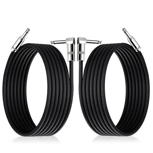 Guitar Cables 10ft, Amp Chord Electric Guitar Aux Amp Cord Braided, TS 1/4 Quarter Inch Straight to Right Angle Bass Instrument Cable Pro Audio (Black, 2Pack)