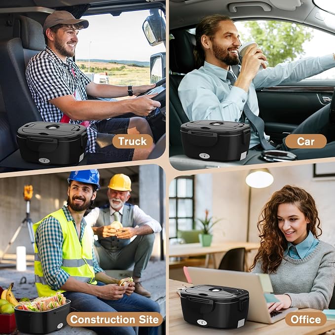 Vabaso Electric Lunch Box for Adults, 80W Heated Lunch Box with Dual 1.5L Stainless Steel Containers, Portable Food Warmer for Men Work Car Truck, 12V/24V/110V/220V -Black
