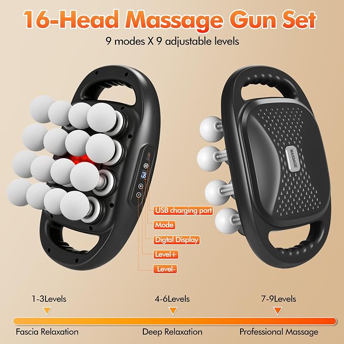 Upgraded 16 Head Massage Gun Set, 2600mAh Portable Quiet Percussion Massager, Back Muscle Massager with 9 Modes & 9 Intensities for Back, Shoulders, Legs, Foot, Body Muscle Relief（Black）