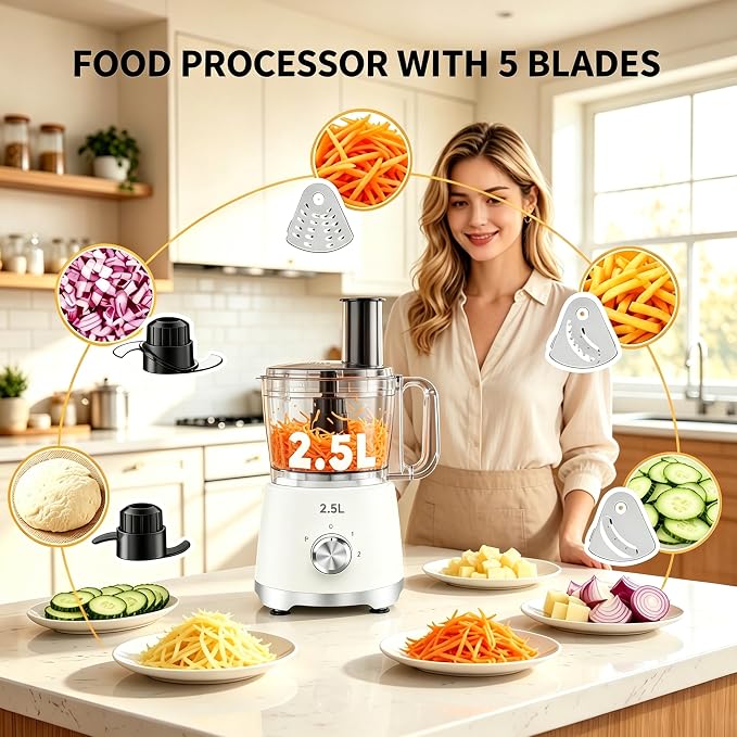 Simple Deluxe Food Processor 10.5 Cup, Multi-Functional Vegetable Choppers Food Grinder with Slicing Shredding Chopping Kneading, Suitable for Smoothie Fruit Dough, 2.6QT, White