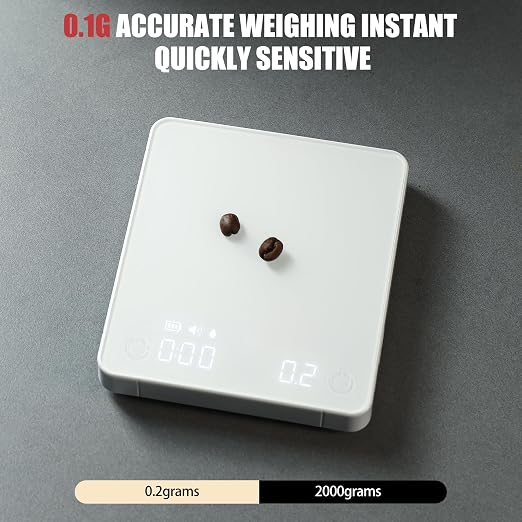 Portable Coffee Scale,Electronic Digital Espresso Scale with Timer,2kg/0.1g High Precision,USB Type-C Charging,Rechargeable 1800mAh Battery White