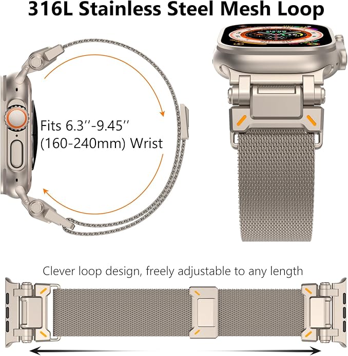WINGLE Milanese Loop for Apple Watch Band Ultra 3/2/1 Band Ultra 49mm Series 11 10 46mm 45mm 44mm SE 3/2/1 Series 9 8 7 6 5 4 3 Men Women,Parachute-Style Buckle Stainless Steel Mesh Metal iWatch Bands