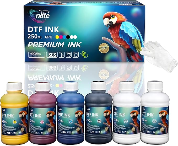 Enlite DTF Ink 250ML Combo Pack, Premium Pigment Ink for PET Film Heat Transfer Printing, Refill for DTF Printer with printhead DX5 DX7 5113 XP600 I3200 4720 TX800, 2W+1B+1C+1M+1Y