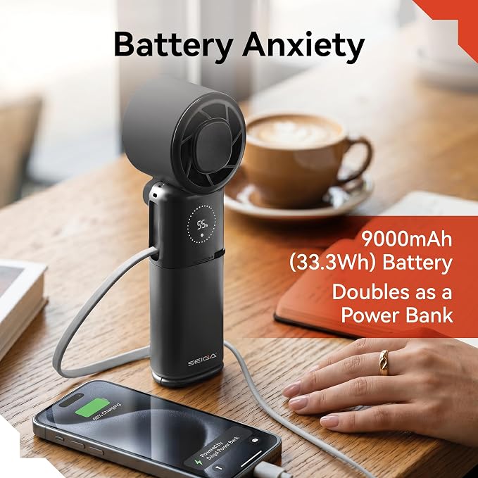 SEIGA Pro Metal Ice Fan with Cooling Plate & 9000mAh Power Bank, 10500 RPM 100-Speed Handheld Fan, 22.5W Fast Charge, USB-C Cable & Flashlight for Travel & Summer