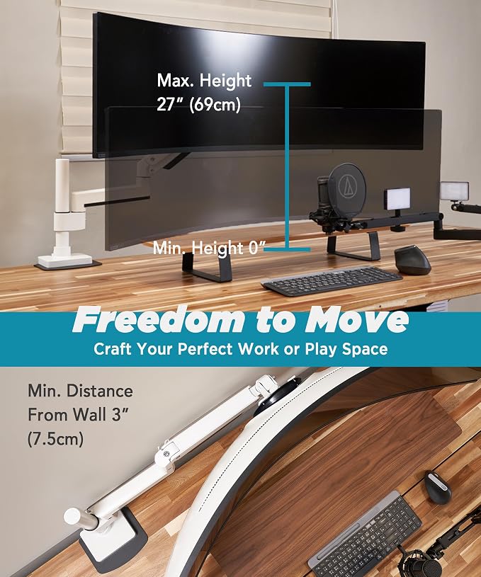 ULTRARM Heavy Duty Monitor Arm for Ultrawide Monitors up to 57" and 44 lbs, Single Desk Stand, Pneumatic Height Adjustable, Modular Extension Arms - Max VESA 100x100, White, MA20PW-S