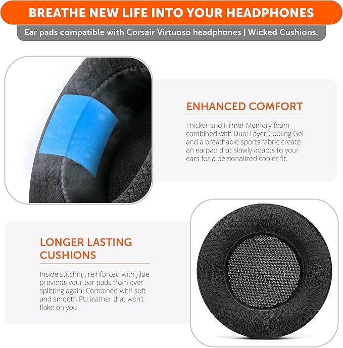 WC Freeze Virtuoso - Hybrid Fabric Cooling Gel Replacement Earpads for Corsair Virtuoso Gaming Headset, Made by Wicked Cushions, Improved Durability, Thickness and Sound Isolation | Black