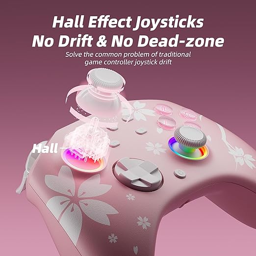 Mytrix Wireless Controllers for Switch/Switch 2, Windows PC iOS Android Steam/Steam Deck, Sakura Pink Bluetooth Controller with Programmable, Hall Effect Joysticks, Adjustable LED Light/Turbo/Vibration
