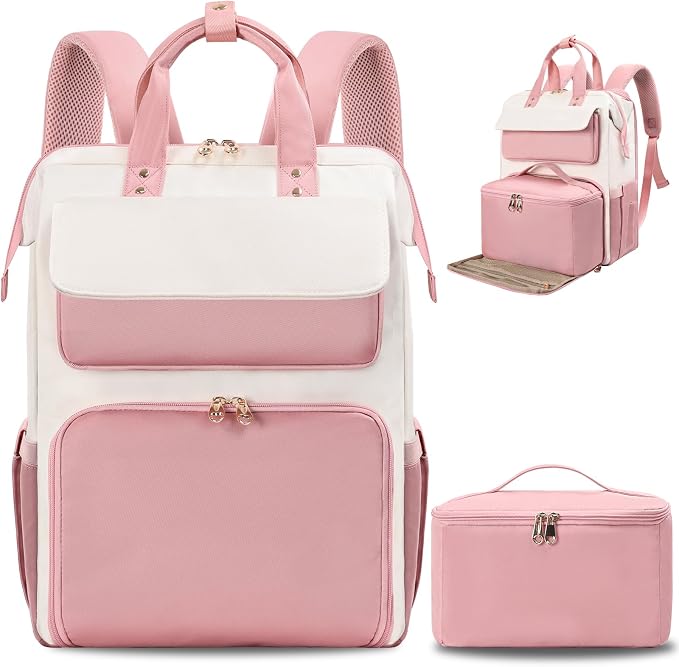 BERTASCHE Lunch Backpack for Women, 15.6 Inch Laptop Backpack with Insulated Cooler Lunch box, Nurse Backpack for Teacher Work Travel College Picnic,Pink-Beige