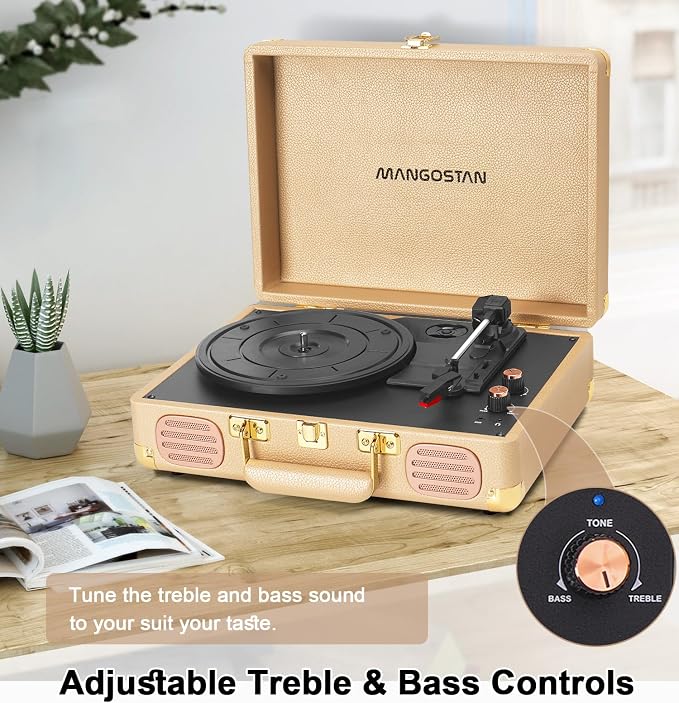 Record Player 3 Speed Bluetooth Portable Suitcase, Vinyl Phonograph with Built-in Bass & Speakers, Belt-Driven LP Player Support AUX-in RCA Line Out Headphone Jack, Champagne Gold