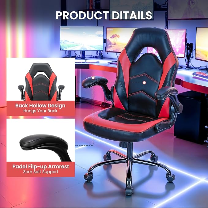 Ergonomic Gaming Desk Chair - Adjustable PU Leather Swivel Racing Chair with Flip-up Armrests for Home Office and Entertainment, Perfect for Adults, Kids, and Gamers, Black Red