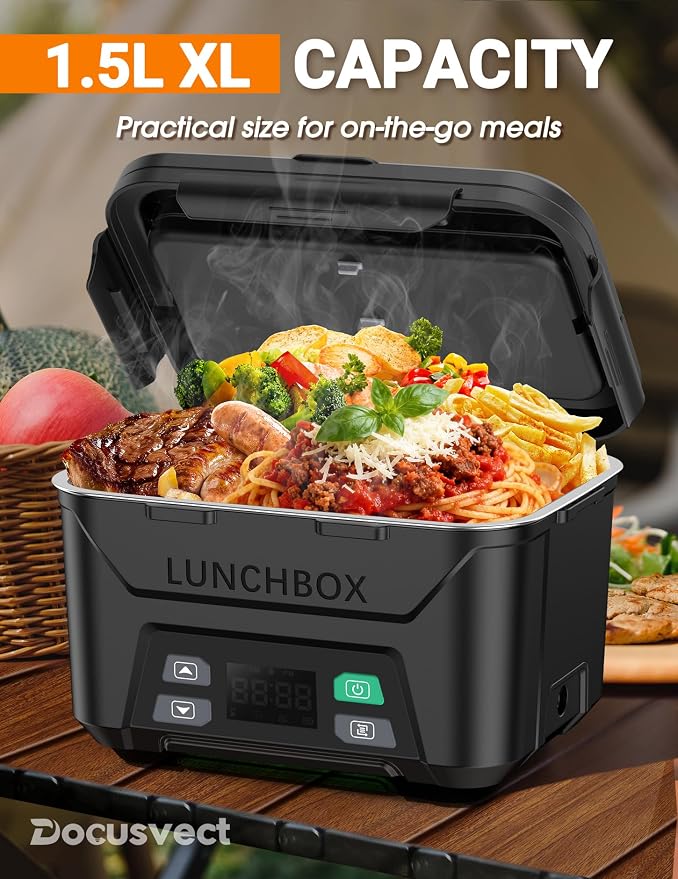 Docusvect Rechargeable Heated Lunch Box for Men, 1.5L Cordless Electric Lunch Box for Adults with Smart Scheduled Heating, Portable Food Warmer with Complete Accessories