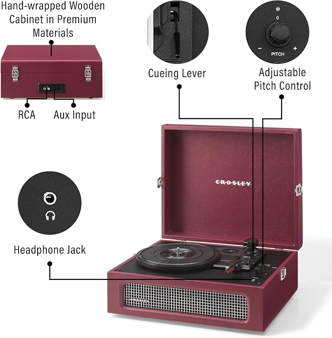 Crosley CR8017B-BU Voyager Vintage Portable Vinyl Record Player Turntable with Bluetooth in/Out and Built-in Speakers, Burgundy