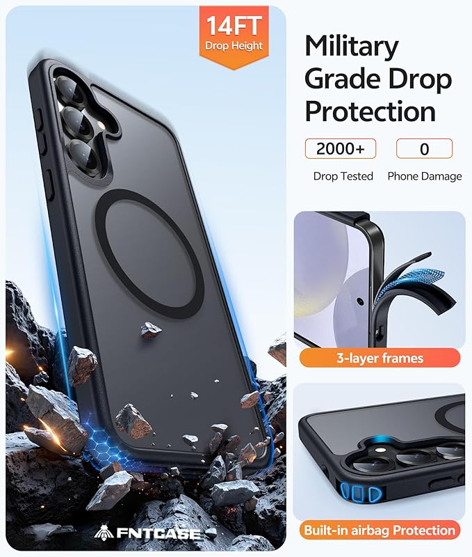 FNTCASE for Samsung Galaxy S25 Case: Samsung Galaxy S24 Phone Case Fit with Magsafe Translucent Matte Case with [Screen Protector] Military Grade Shockproof Protective Phone Cover-Black
