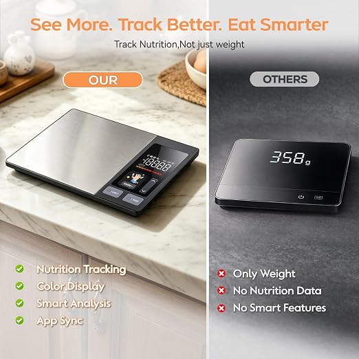 Smart Food Scale with App & TFT Display – Digital Food Scale for Calorie & Macro Tracking, 50 Built-in Foods, 23 Nutrients Analysis for Weight Loss & Meal Prep, Gray Silver