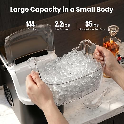 AGLUCKY Nugget Ice Makers Countertop with Handle, Crushed Ice Ready in 5 Mins, 35lbs/Day, Self-Cleaning, Portable Ice Machine with One-Click Operation for Home/Kitchen/Party/RV/Camping