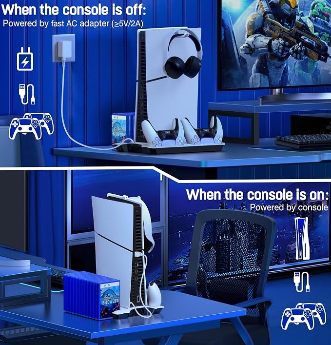 PS5 Slim Stand and Turbo Cooling Station with Controllers Charger Station for Playstation 5, PS5 Pro Console Accessories with 3 Levels Cooling Fan 13-Game Organizer Headset Holder for PS5 Digital/Disc