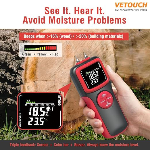 2 in 1 Pin & Pinless Wood Moisture Meter, Digital Moisture Detector with LCD Display & Alarm, Temperature Humidity Tester for Wood, Building Materials, Firewood, Walls, Floors, Home Renovation