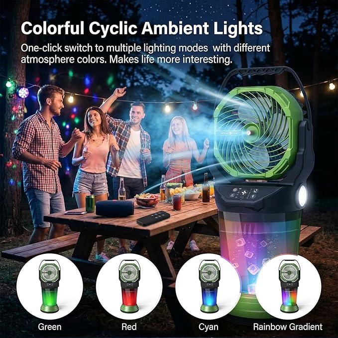Portable Misting Fan with Remote, 2L Water Tank & 2 Spray Modes, 30000mAh Rechargeable Outdoor Cooling Fan, 4 Wind Speeds, 3 Timers, 120° Oscillation, RGB Lights & Flashlight for Camping Beach Patio