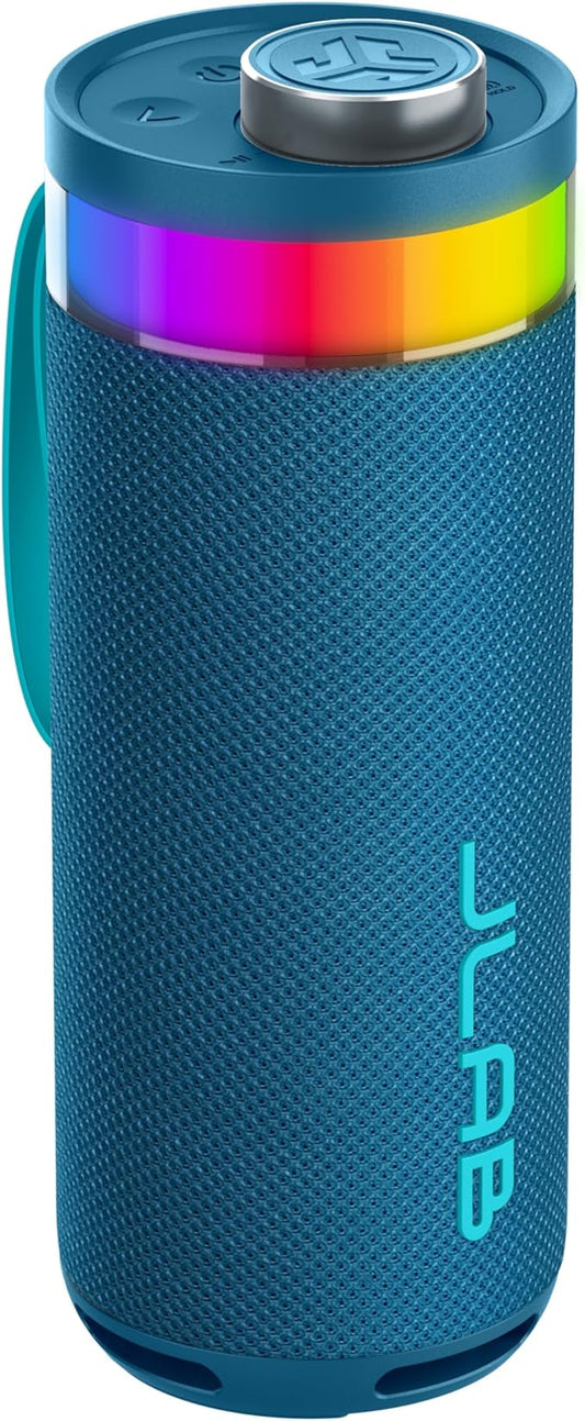 JLab Go Party Portable Bluetooth Speaker, Navy, 10 Watts of Power, 16+ Hours of Playtime, IP56 Waterproofing, Customizable RGB LED Lighting, Lab Sync Up to 100 Speakers, Custom Sound in-App