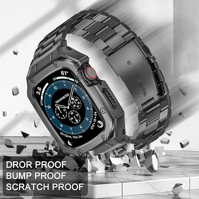 BAITEYOU Stainless Steel Watch Band with Case Compatible with Apple Watch Series 11 10 42mm, Rugged Strap with Metal Protective Bumper Cover for iWatch Bands Men (Grey)