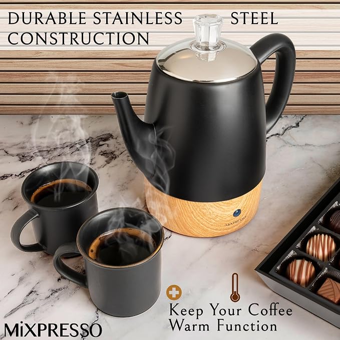 Mixpresso Black Small Electric Percolator Coffee Pot 4 Cup Stainless Steel - Coffee Percolator Electric with Keep Warm Function - Auto Shut-Off for Safe Daily Brewing