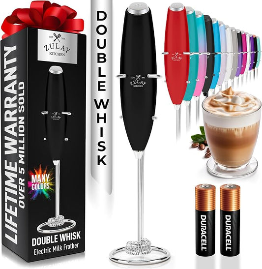 Zulay Kitchen Powerful Milk Frother Wand With Duracell Batteries - Ultra Fast Handheld Drink Mixer - Electric Whisk Foam Maker for Coffee, Lattes, Cappuccino & Matcha - Double Whisk - Alpha Black