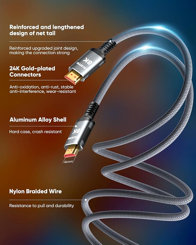 Snowkids 8K HDMI Cable 10 FT Grey, 48Gbps Ultra High-Speed HDMI 2.1 Cables Cord, 10K 8K@60Hz, 4K@120Hz Compatible for TV/Laptop/Monitor/PS-5/X-box/Projector/Entertainment, Sound System & More