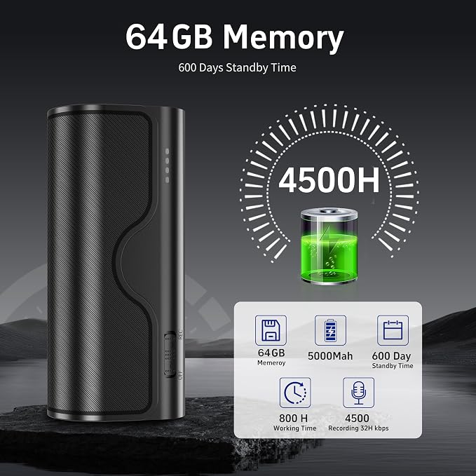 64GB Magnetic Voice Activated Recorder,5000mAh Long Lasting Battery for 35 Days Continuous Recording,360° Omni-Directional Mic,Discreet No-Light Digital Voice Recorder & Audio Recording Device