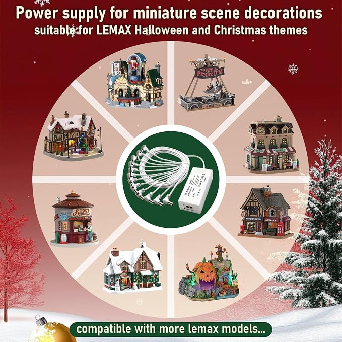 4.5V Power Adapter for Lemax Lighted Accessory 94566 94563 94564 94565 74295 74269 74707 84428 44242 Christmas Halloween Village Lights Micro Lighting Building Decor(12 Output White)