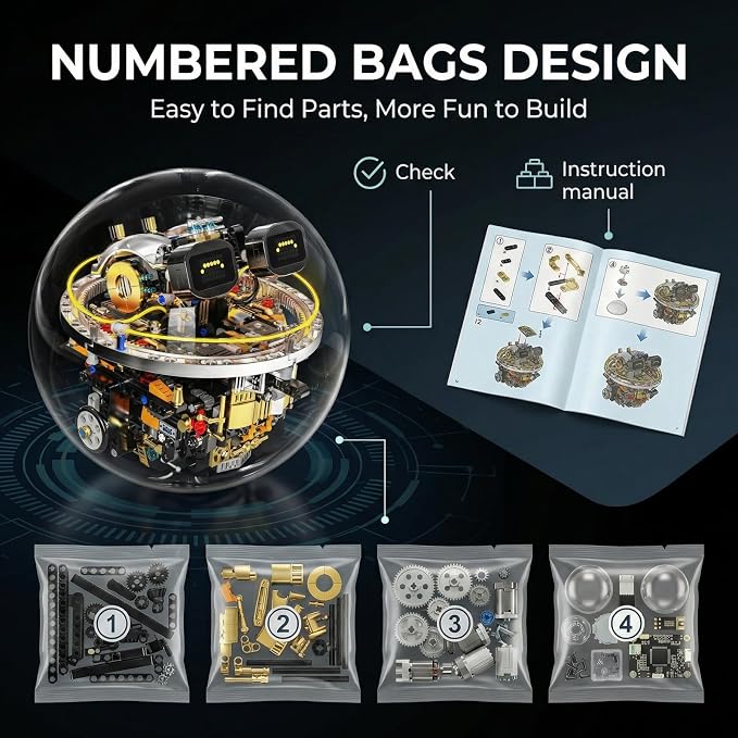 STEM Robot Building Kit, 804PCS APP & Remote Control Spherical Robot Ball for Kids Ages 8-14, Mechanical Building Blocks, Cool RC Toy with 17 LED Expressions, Cyberpunk Gift for Boys and Girls