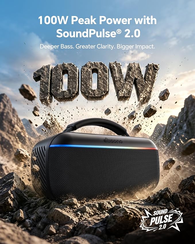 dbsono Portable Bluetooth Speaker Wireless: 100W(Peak) SoundPulse 2.0 with BassBoost, Waterproof Loud Party Speakers, Unlimited Pairing, TWS for Outdoor/Indoor, Beach Vacation Essential, Black