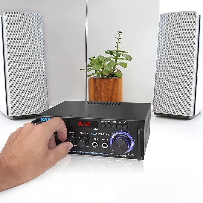 Pyle 200W Bluetooth Compact Power Amplifier - Wireless 2 Channel Audio Receiver with Dual Karaoke Mic Input - RCA - USB-A + SD Card MP3 Player - FM Radio - AUX In - Remote Control - PDA29BU