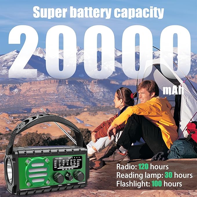 20000mah Hand Crank Emergency Radio,SW/NOAA/AM/FM Weather Radio, Solar Powered Hand Crank Chager with Bige Batery Powered,Portable,Cellphone Charge,SOS,Flashlight for Emergency (XSY-350-Army Green)