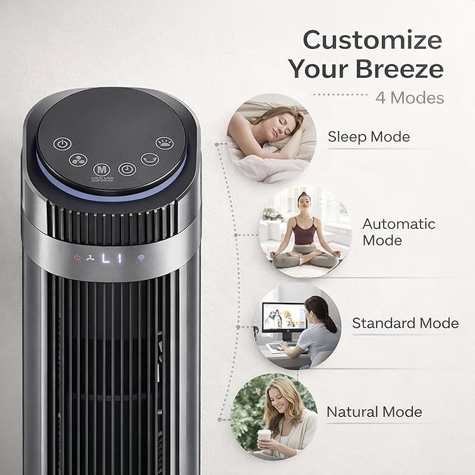 Tower Fan for Bedroom, Oscillating Bladeless Fan with Remote, 5 Speeds 4 Modes Quiet Fan 28dB, 22.3ft/s High Velocity,12H Timer, LED Display Cooling Fan Floor Standing Fan for Home Office, Dorm,Black