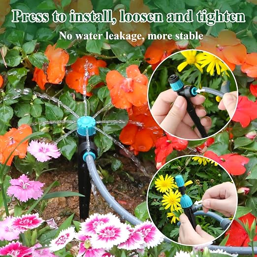 150FT Drip Irrigation System Kit with 2 Zone Water Timer for Garden,High-Flow Mainline Automatic Watering System,16PCS Adjustable Nozzles,Fast-Plug Tube for Agricultural Yard,Lawn,Greenhouse