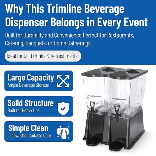 Carlisle FoodService Products Trimline Double Base Rectangular Beverage Dispenser with Stand – 3.5 Gallon Catering Drink Dispenser with Spigot, Set of 2, Polycarbonate (PC), Black, Perfect for Parties