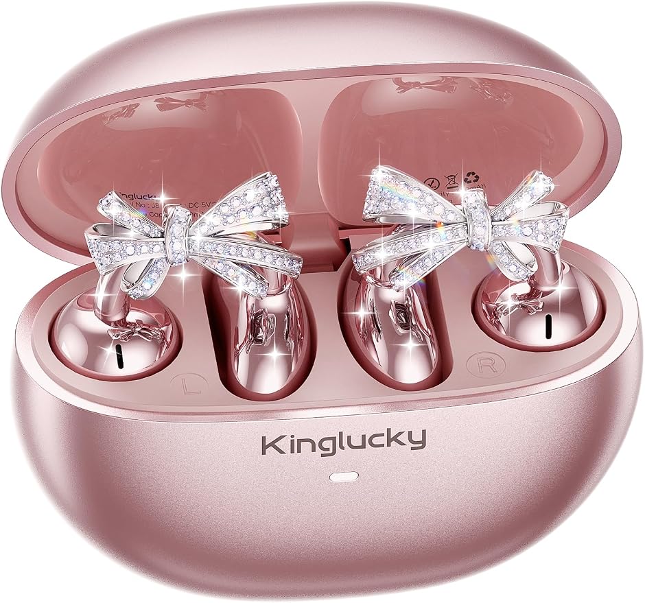 Kinglucky Jewelry-Inspired Clip-On Earbuds with Bow Earrings, Comfortable Fit & 50H Playtime Open Ear Bluetooth 5.4 Wireless Headphones for Women, Small Ears, Sports & Workouts (Pink)