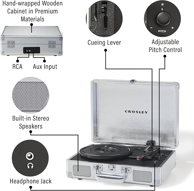 Crosley CR8005F-SI Cruiser Plus Vintage 3-Speed Bluetooth in/Out Suitcase Vinyl Record Player Turntable with Built-in Speakers, Silver