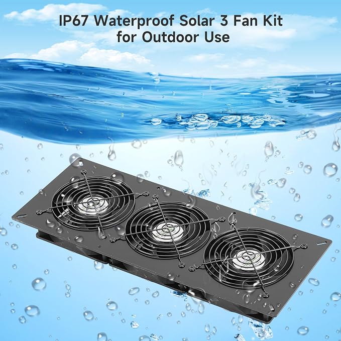 Fanspex Solar 3 Fan Kit with 66.6 Wh Battery Backup, 50W Solar Panel Powered Rechargeable Weatherproof Fans for Chicken Coop, Greenhouse & Shed