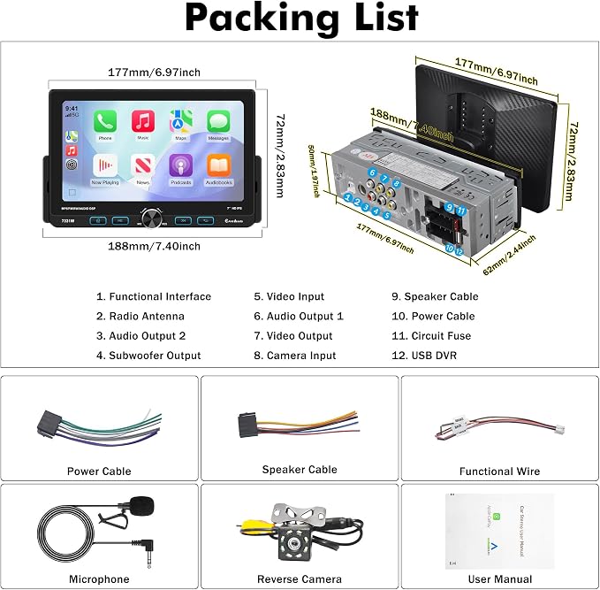 7" Single Din Touchscreen Radio, Floating Car Stereo with Wireless Apple CarPlay & Android Auto,30° Adjustable HD IPS Touchscreen,FM/AM,Bluetooth 5.2,USB & Type-C,MIC,Physical Knob, Backup Camera
