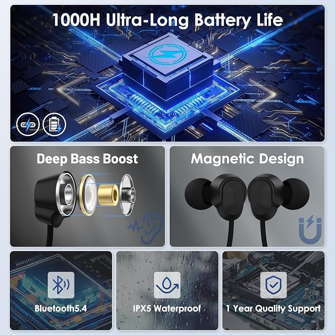Neckband Bluetooth Headphones（1-Year Quality Support) , 1000H Extra Long Battery Life with Magnetic Earphones,Wireless Earbuds with Mic,Waterproof In-Ear Headset for Sports/Workout/Office (Silver)