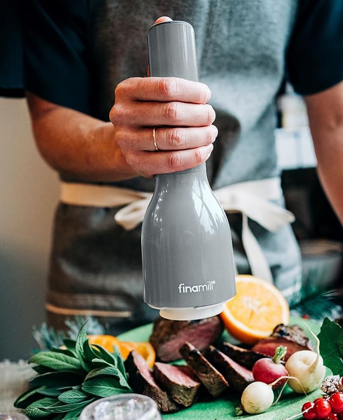 FinaMill Classic Battery Spice Mill – Battery Operated Salt and Pepper Grinder Set, Includes 2 Interchangeable Spice Pods, Adjustable Coarseness, LED Light, Home and Kitchen Gift Set for Father's Day