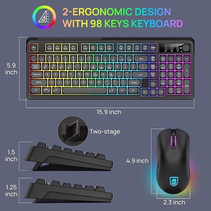 KOLMAX BT98 Wireless Keyboard and Mouse Combo,Triple Mode 2.4G/Wired/Bluetooth Gaming Keyboard and Mouse,Rechargeable Ergonomic RGB Backlit Light Up Keyboard Mouse with Knob for PC/Mac/Tablet