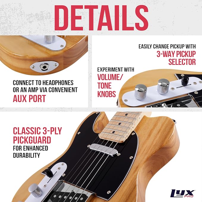 LyxPro 30” Electric Guitar Left Hand TL Series, Full-Size Paulownia Wood Body, 3-Ply Pickguard, C-Shape Neck, Ashtray Bridge, Quality Gear Tuners, 3-Way Switch & Volume/Tone Controls, 2 Picks, Natural