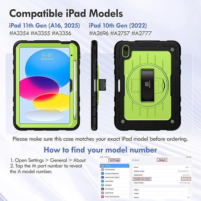 Case for iPad A16 (2025) 11th/10th Gen (11″/10.9″, 2022), Heavy Duty Shockproof Full-Body Cover with Pencil Holder, 2-in-1 Hand/Shoulder Strap, 360° Rotating Kickstand (Black+Green)