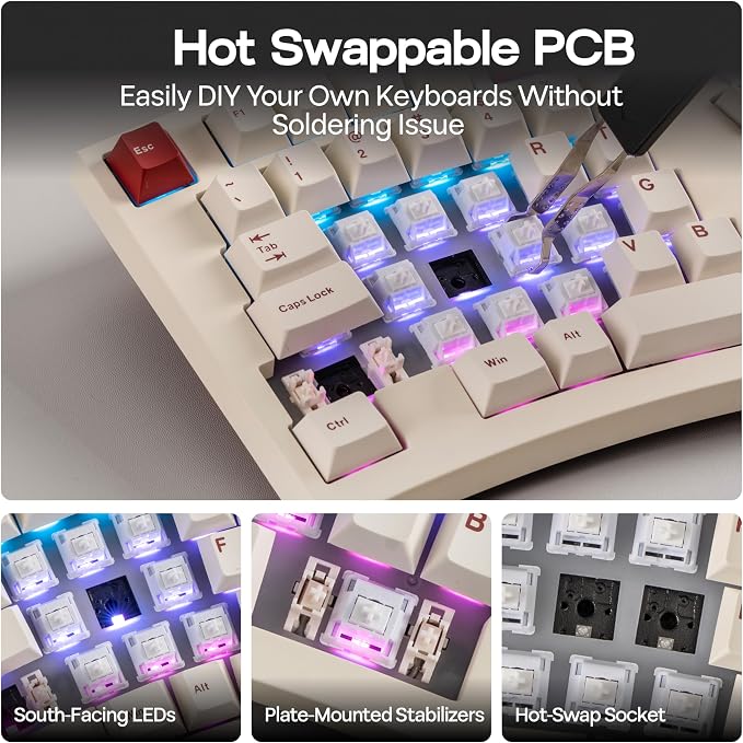 MechLands Feker Alice98 Ergonomic 98 Keys Custom Mechanical Keyboard, VIA Programmable, USB-C Wired Gaming Keyboard, Hot Swappable, 5 Layer Paddings, Control Knob, NKRO, RGB for Win/Mac (Beige)