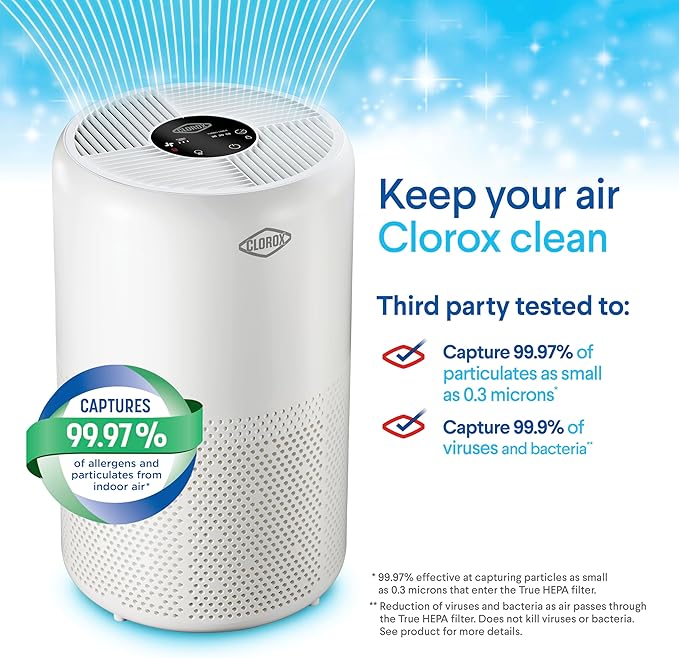 Clorox Turbo Air Purifiers for Home, True HEPA Filter, Quickly Cleans Large Rooms Up to 1,650 Sq Ft, Reduces 99.9% of Mold, Viruses, Wildfire Smoke, Allergens, Pet Allergies, Dust, Whisper Quiet