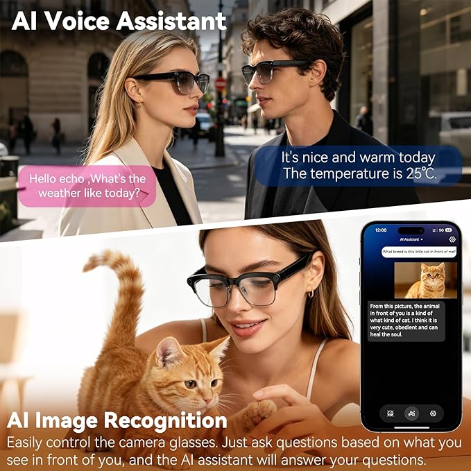 AI Smart Glasses with camera, Continuous AI Chat, 8MP Camera Glasses, 1080P Recording Glasses for Men Women,Hands-Free Music & Calls,Real-Time Translation,Ideal for Business Meetings,Travel,&Daily Use
