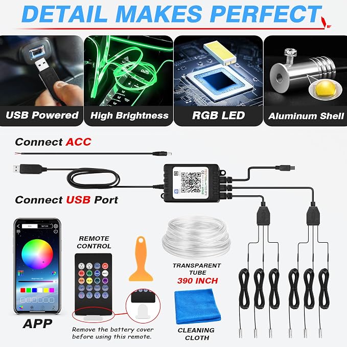 MICTUNING Car LED Interior Strip Light, 6 in 1 RGB Multicolor with 390 inches Fiber Optic Ambient Lighting Kits with Remote and APP Control, Car USB LED Strip Lights with Music Sync Mode
