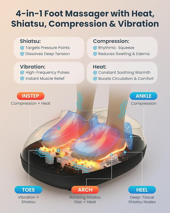 COMFIER 4-in-1 FSA Eligible HSA Shiatsu Foot Massager with Heat, Compression & Vibration, Smoth Warmth for 3 Levels, Toe Touch Control, Large Size Fits Up to 14, Gifts for Mom Dad, Home Office